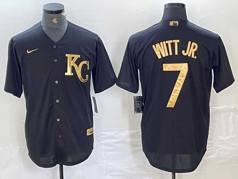 Men%27s Kansas City Royals #7 Bobby Witt Jr Black Gold Cool Base Stitched Jersey
